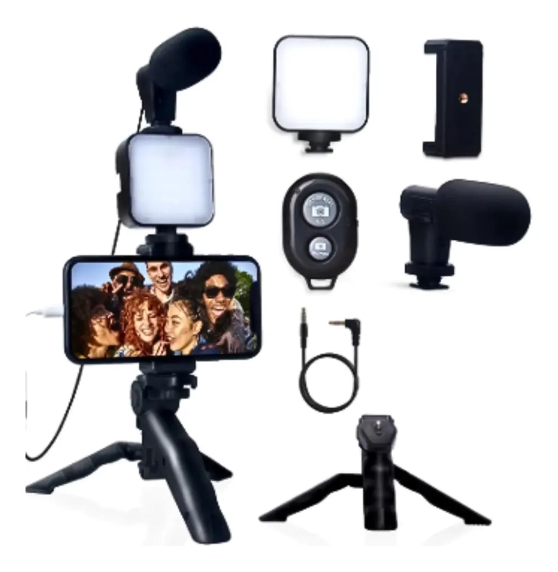 SOPORTE PARA CELULAR FOTOS VIDEOS TRIPODE MICROFONO LUZ LED - 6