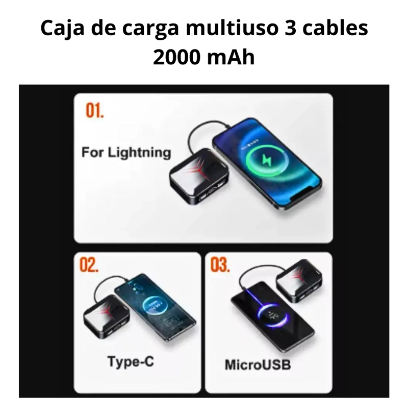 AUDIFONOS INALAMBRICO CON CAJA DE CARGA 3 CABLES 2000 MAH - 6