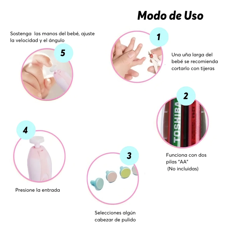 LIMA UÑAS BEBE  TRIMMER ELE CTRICO ROSA CON LUZ LED - 5