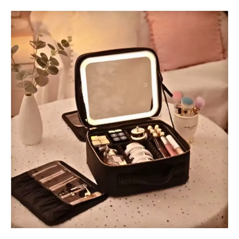 COSMETIQUERO ORGANIZADOR DE MAQUILLAJE VIAJE ESPEJO LUZ LED - 5