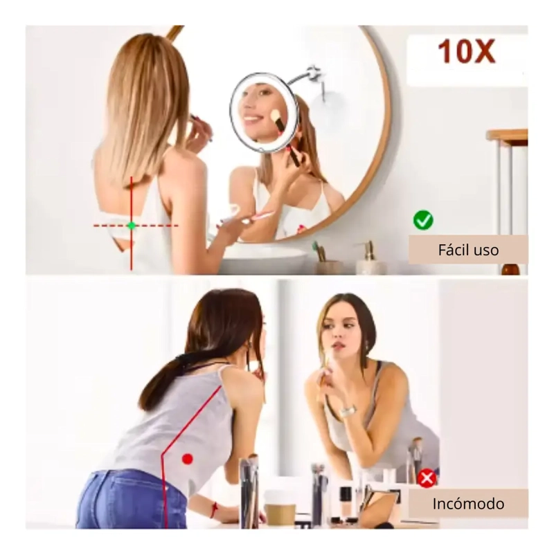 ESPEJO MAQUILLAJE CON AUMENTO 10X AJUSTABLE 360° + LUZ LED - 2