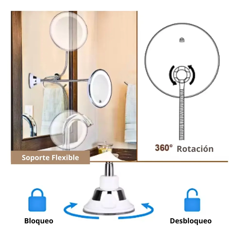 ESPEJO MAQUILLAJE CON AUMENTO 10X AJUSTABLE 360° + LUZ LED - 3