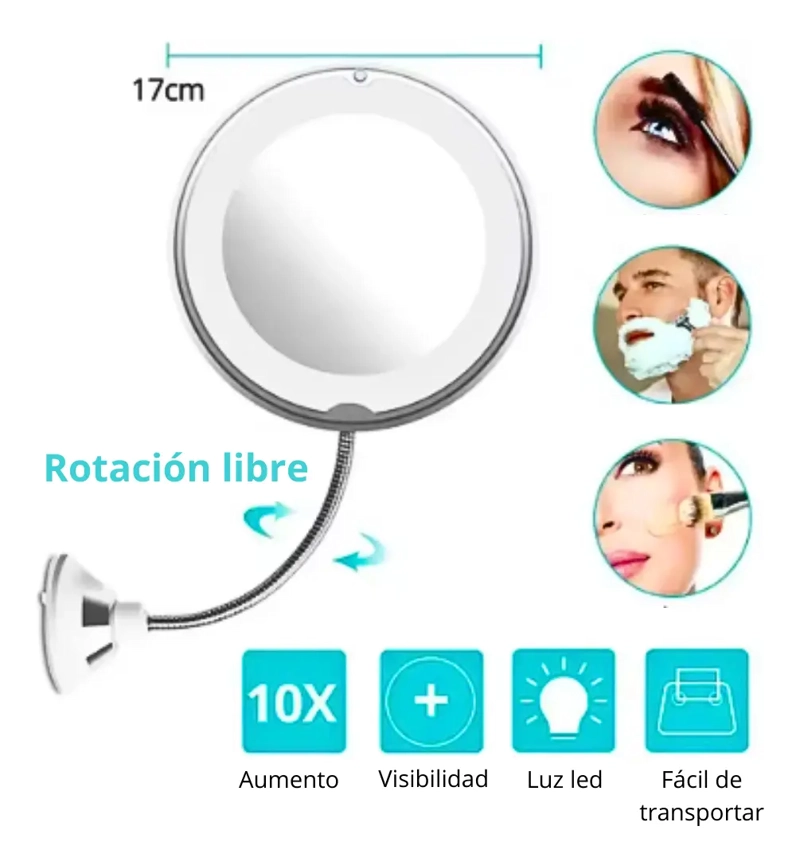 ESPEJO MAQUILLAJE CON AUMENTO 10X AJUSTABLE 360° + LUZ LED - 5