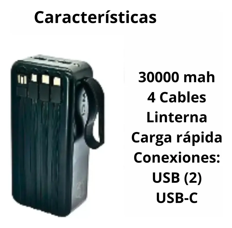 CARGADOR PORTATIL POWER BANK 30000MAH CARGA RAPIDA 4 CABLES - 2