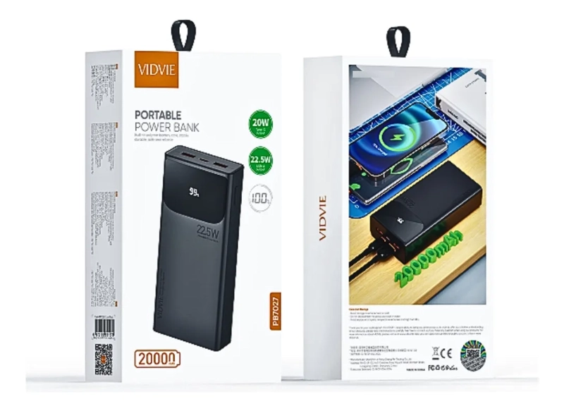 CARGADOR BATERIA EXTERNA PORTATIL POWERBANK 20000MAH VIDVIE - 3