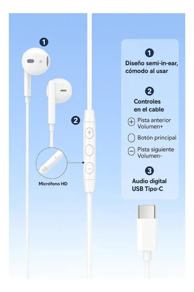 AUDIFONOS CON CABLE TIPO C COMPATIBLE IPHONE Y ANDROID - 3