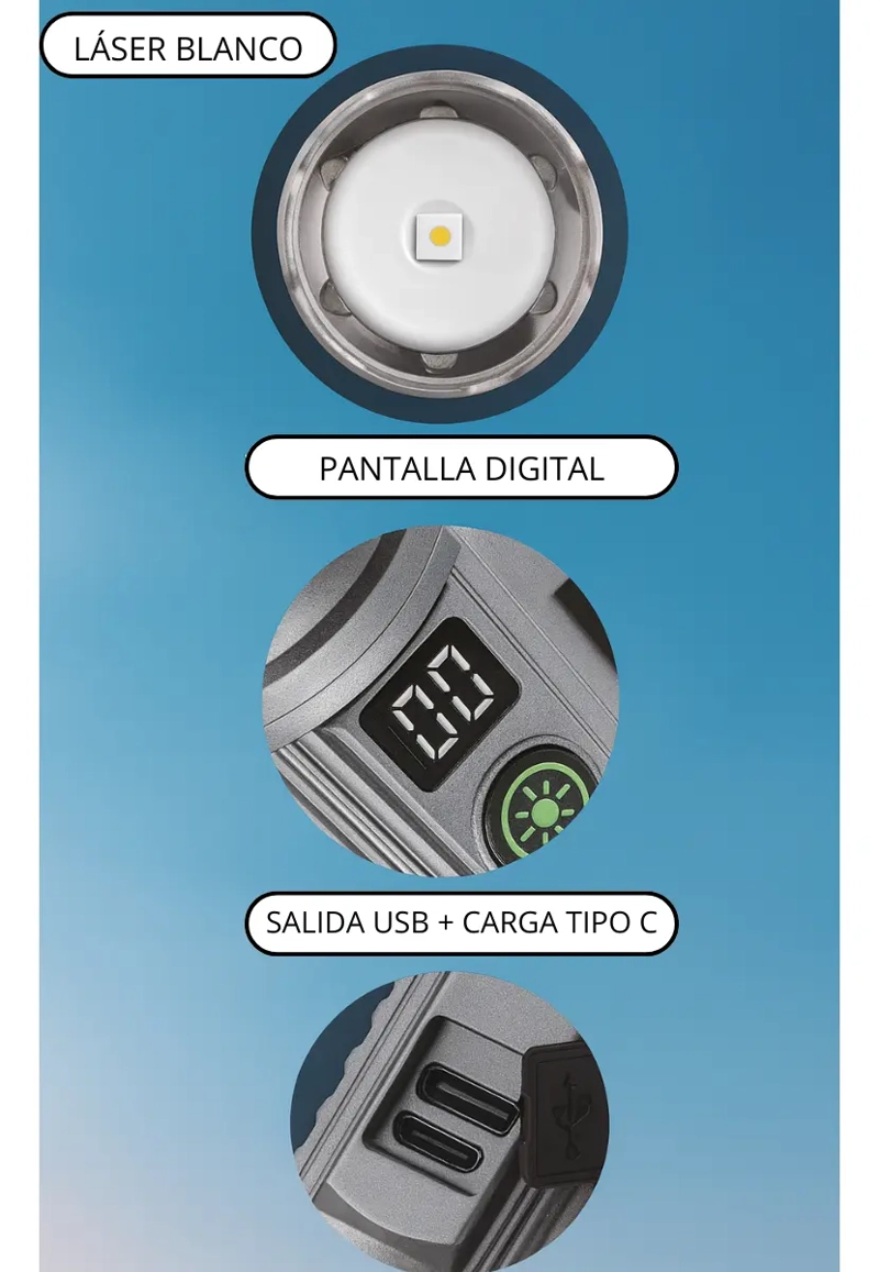 LINTERNA LED RECARGABLE ZOOM RETRACTIL + POWERBANK PORTATIL - 5