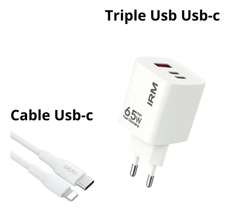 CARGADOR CARGA RAPIDA 65W TRIPLE USB USB-C +CABLE LIGHTNING - 2