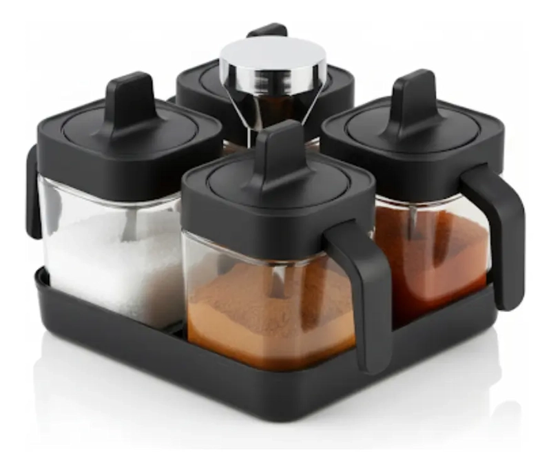 SET 4 ESPECIEROS CONDIMENTEROS DE VIDRIO CON CUCHARA - 1