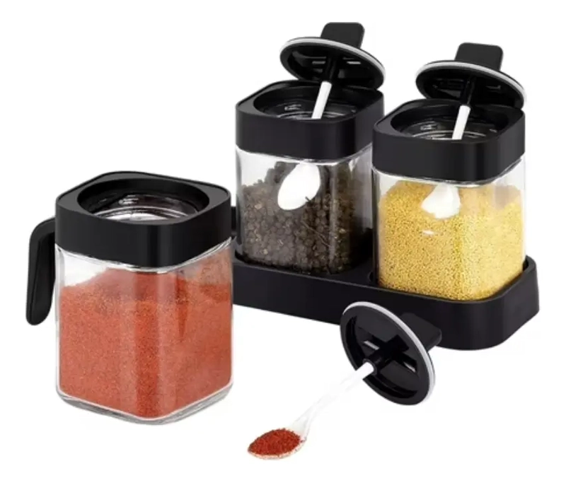 SET 4 ESPECIEROS CONDIMENTEROS DE VIDRIO CON CUCHARA - 2