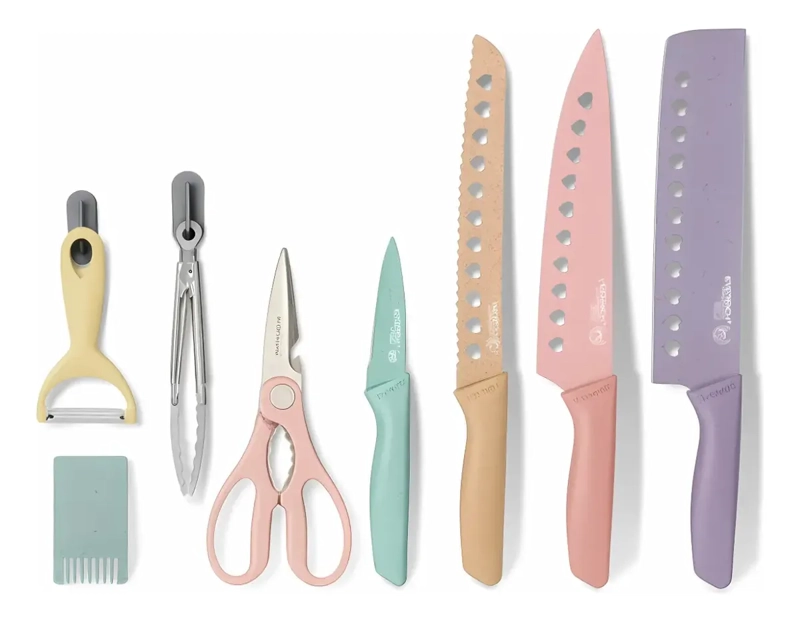 SET JUEGO CUCHILLOS TIJERA PELADOR PINZAS COCINA MULTICOLOR - 1