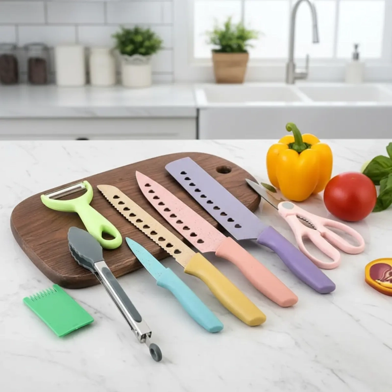 SET JUEGO CUCHILLOS TIJERA PELADOR PINZAS COCINA MULTICOLOR - 6