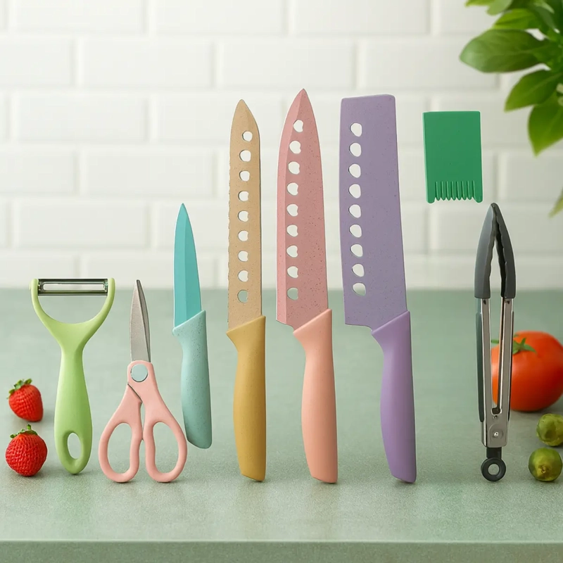 SET JUEGO CUCHILLOS TIJERA PELADOR PINZAS COCINA MULTICOLOR - 7