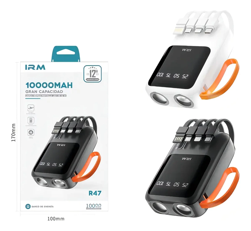 CARGADOR PORTATIL IRM R47 USB 10000MAH NEGRO CON CARGA RAPIDA Y PANTALLA DIGITAL - 5