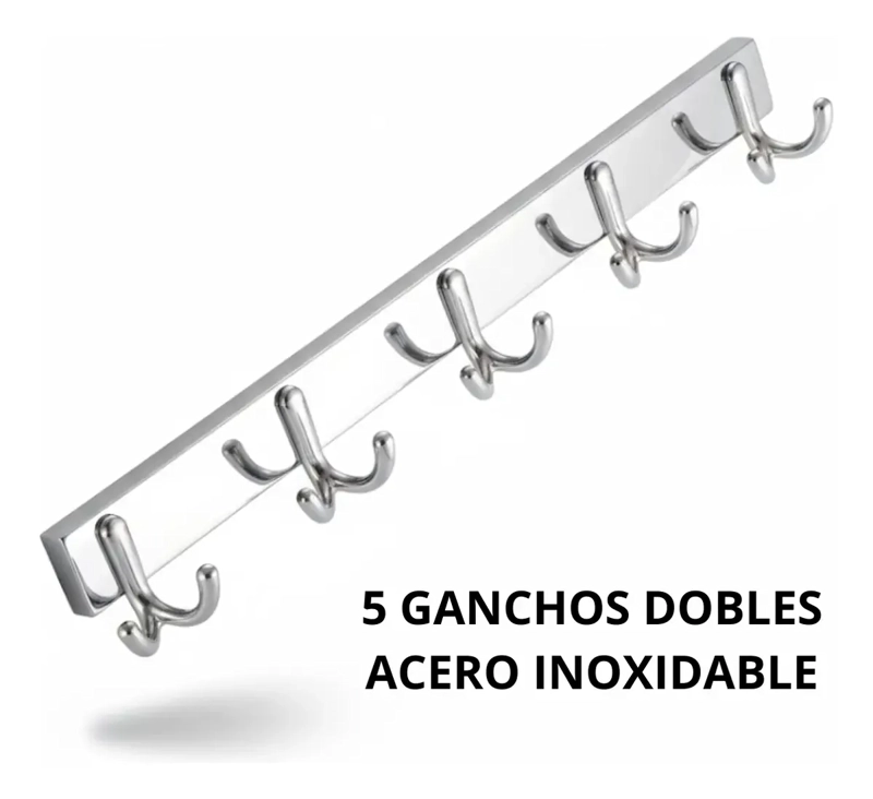 PERCHERO DE PARED ACERO INOXIDABLE 5 GANCHOS DOBLE MULTIUSO - 3