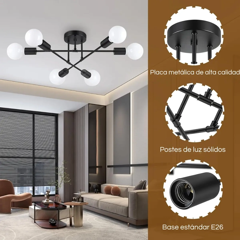 LAMPARA DE TECHO COLGANTE MODERNA + 6 AMPOLLETAS LUZ CALIDA - 5