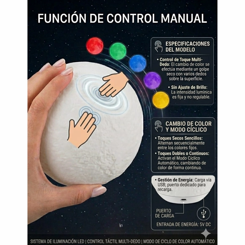 LAMPARA LUNA ESCRITORIO VELADOR RECARGABLE LUZ MULTICOLOR - 7