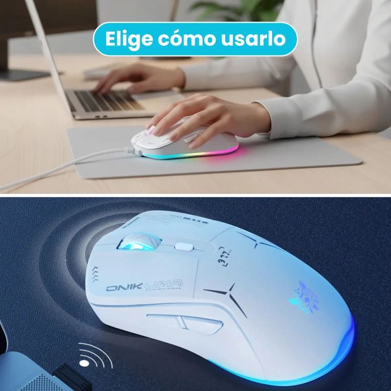 MOUSE GAMER BLANCO LUZ RGB CONEXION INALAMBRICA O CON CABLE - 3