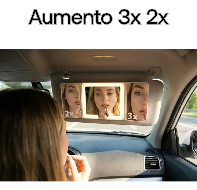 ESPEJO MAQUILLAJE AUMENTO 3X 2X + LUZ LED PARA AUTO 3 EN 1 - 2