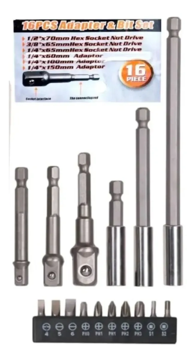 SET 16 PUNTAS ADAPTADORES Y DESTORNILLADOR 1/4 1/2 3/8 - 7