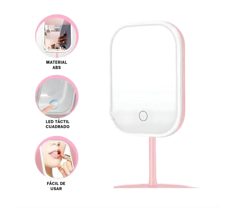 ESPEJO MAQUILLAJE ROSA LUZ LED AJUSTABLE 3 TONOS RECARGABLE USB - 3
