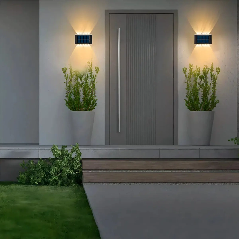 LAMPARA SOLAR LED EXTERIOR MURO DOBLE 10 LUCES CALIDA - 2