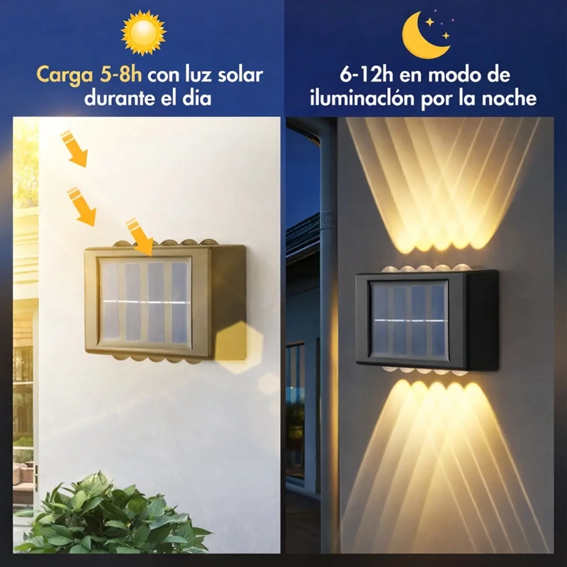LAMPARA SOLAR LED EXTERIOR MURO DOBLE 10 LUCES CALIDA - 6