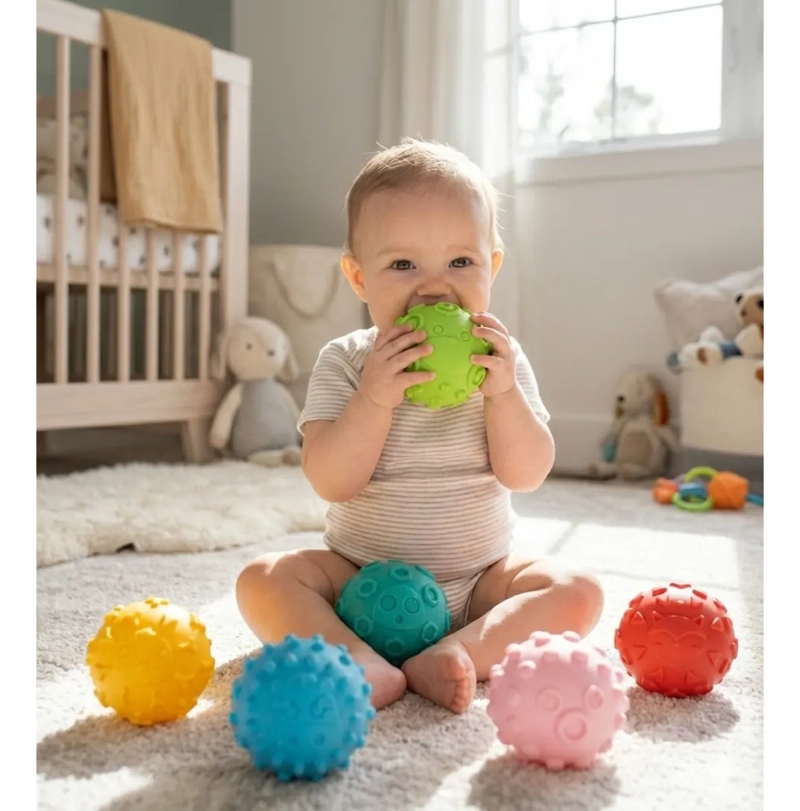 SET 6 PELOTAS TEXTURIZADAS GOMA SENSORIALES PARA BEBE S - 5