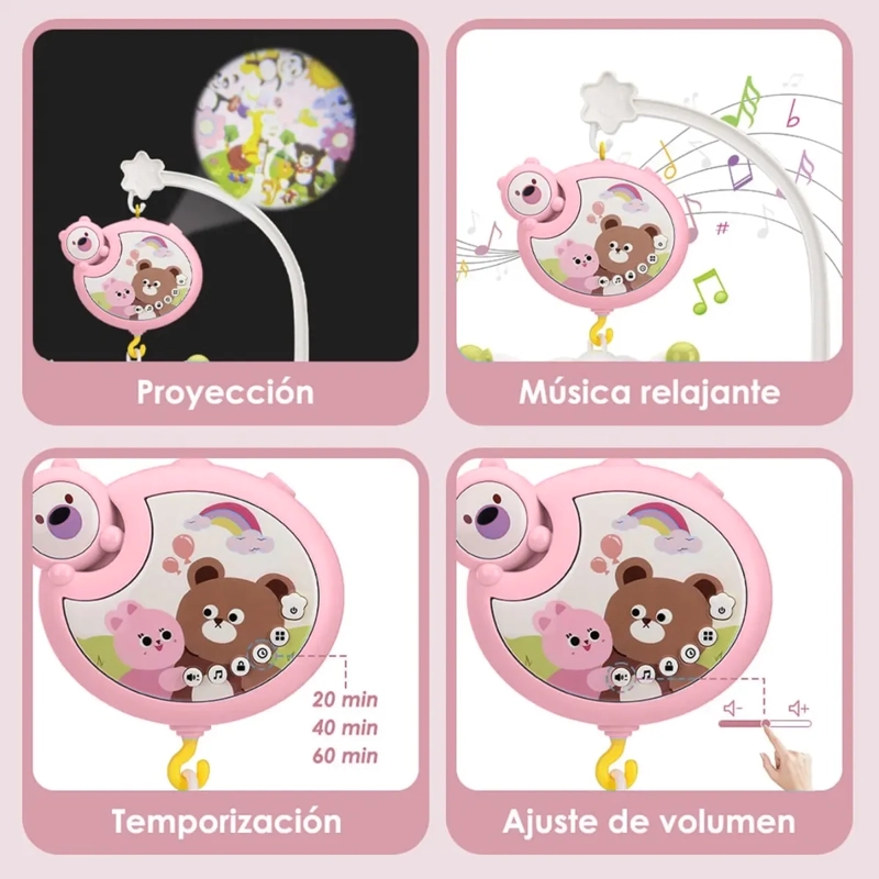 MOVIL MUSICAL ROSA PARA CUNA PROYECTOR LUCES Y SONIDOS BEBE - 3
