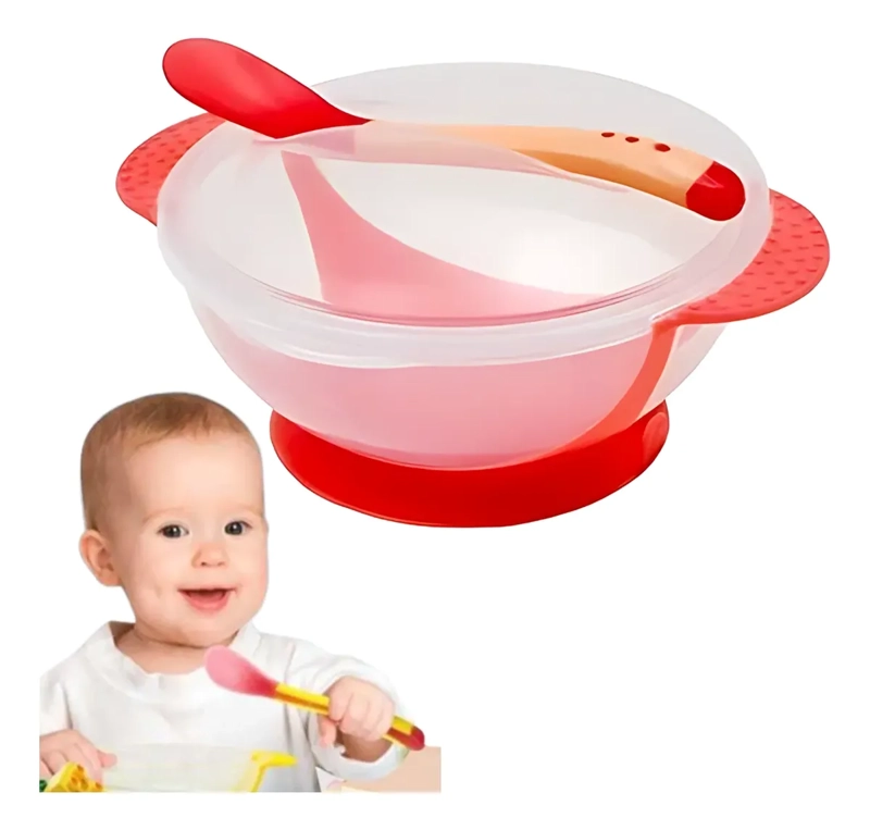 SET ALIMENTACION BEBE  ROJO CUCHARA POCILLO CON VENTOSA FIJACION - 1