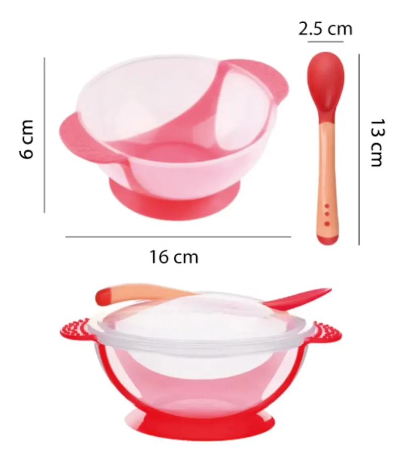 SET ALIMENTACION BEBE  ROJO CUCHARA POCILLO CON VENTOSA FIJACION - 2