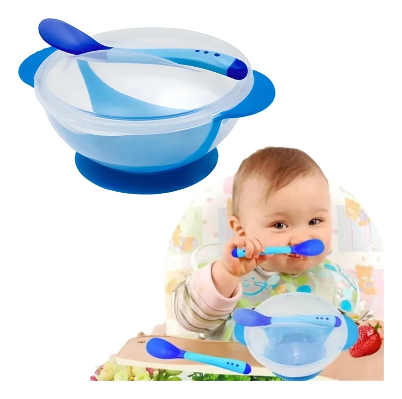 SET ALIMENTACION BEBE  AZUL CUCHARA POCILLO CON VENTOSA FIJACION - 1