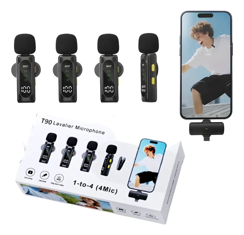 PACK 4 MICROFONOS LAVALLIER INALAMBRICO T90 VLOGS USBC - 1