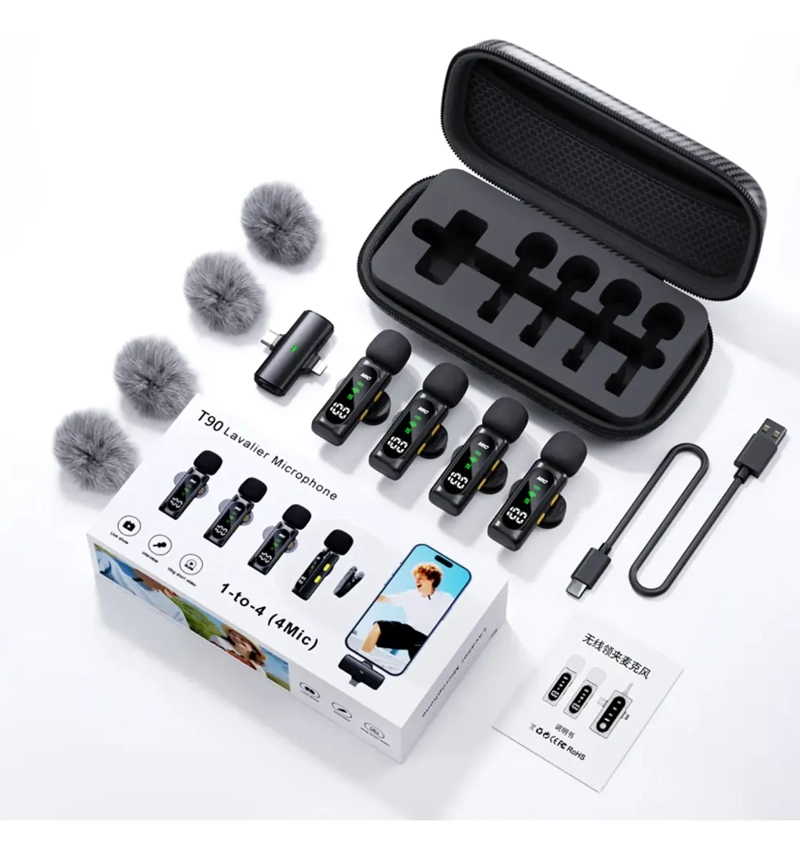 PACK 4 MICROFONOS LAVALLIER INALAMBRICO T90 VLOGS USBC - 6