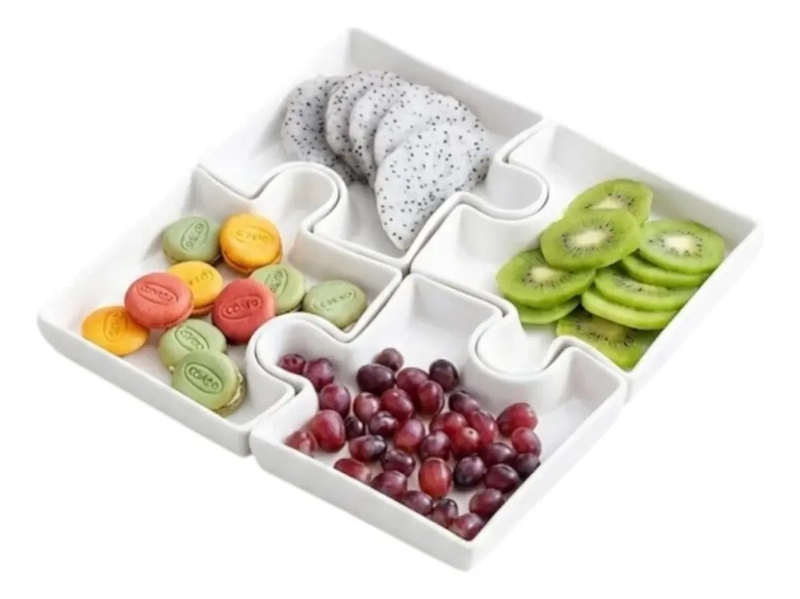 SET PICOTEO 4 PLATOS DE PORCELANA DISEÑO ROMPECABEZAS SNACKS - 1