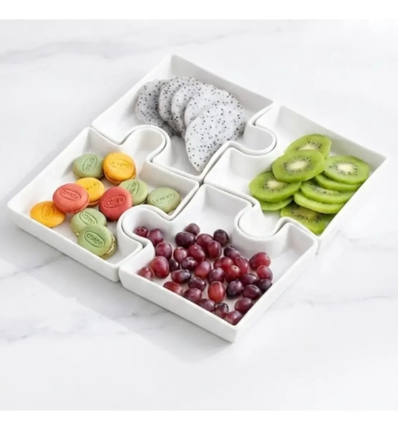 SET PICOTEO 4 PLATOS DE PORCELANA DISEÑO ROMPECABEZAS SNACKS - 3
