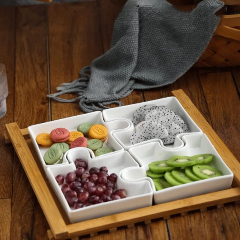 SET PICOTEO 4 PLATOS DE PORCELANA DISEÑO ROMPECABEZAS SNACKS - 4