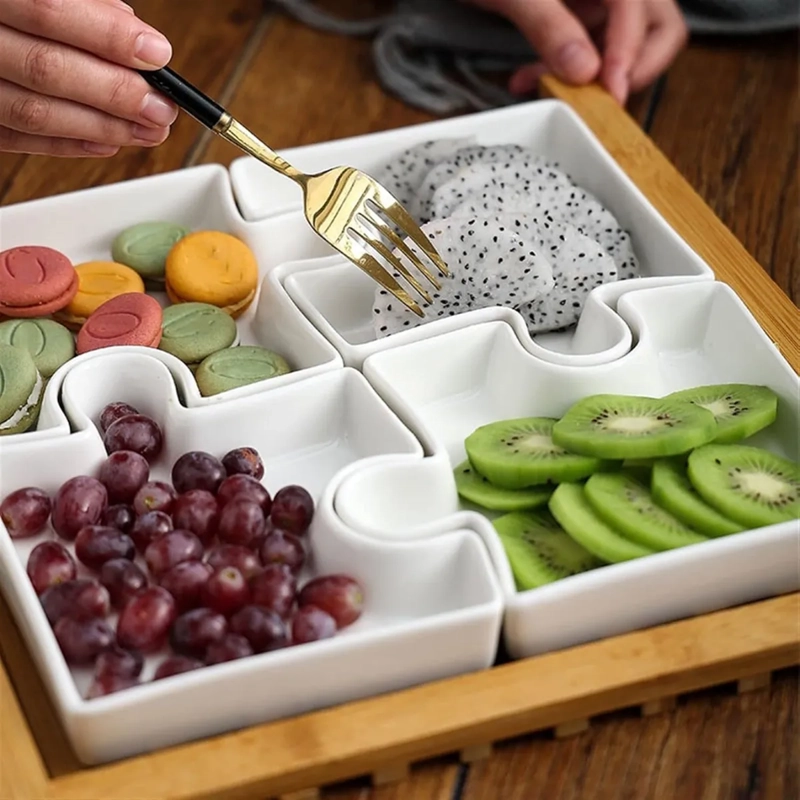SET PICOTEO 4 PLATOS DE PORCELANA DISEÑO ROMPECABEZAS SNACKS - 6
