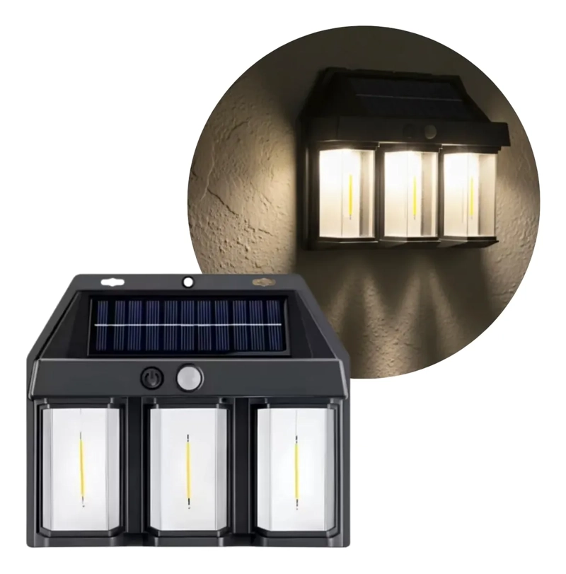 FOCO SOLAR EXTERIOR 3LUCES LED SENSOR MOVIMIENTO IMPERMEABLE - 1