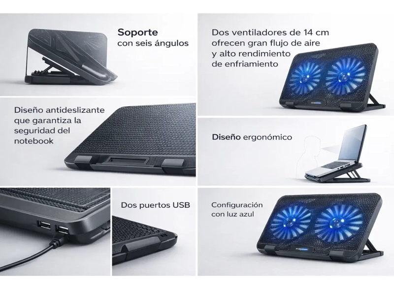 BASE SOPORTE DOBLE VENTILADOR REFRIGERANTE LAPTOP NOTEBOOK - 2