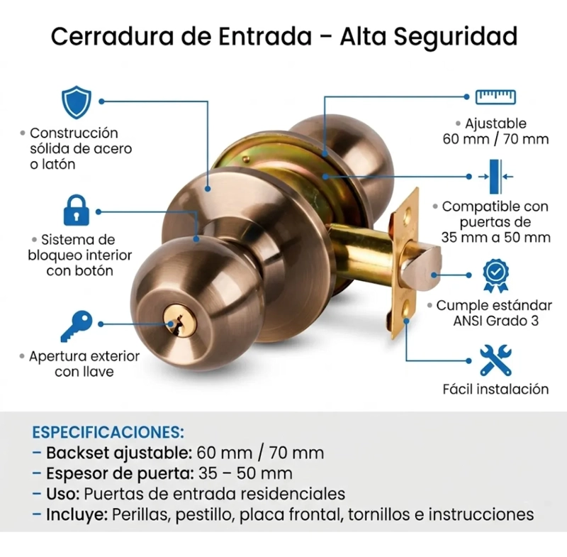 CERRADURA PUERTA PRINCIPAL ACERO INOXIDABLE CIRCULAR BRONCE - 2