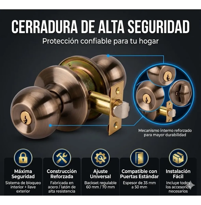 CERRADURA PUERTA PRINCIPAL ACERO INOXIDABLE CIRCULAR BRONCE - 3