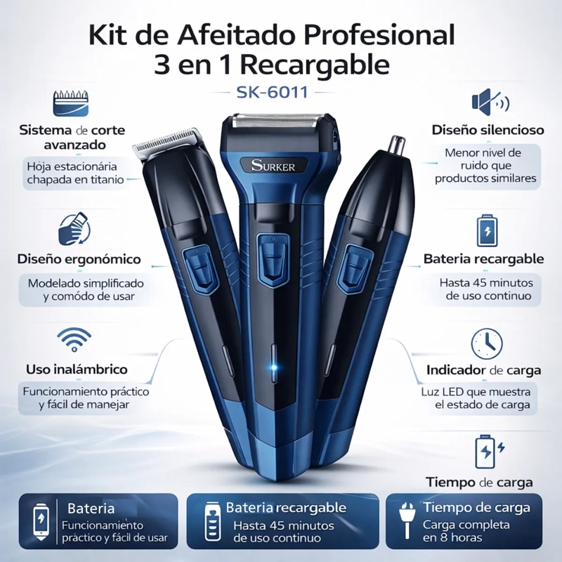 KIT DE AFEITADO HOMBRE PROFESIONAL 3 EN 1 RECARGABLE SK-6011 - 5