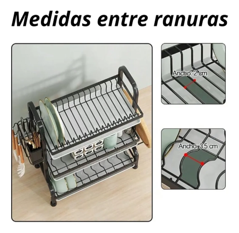 SECAPLATOS ESCURRIDOR DE LOZA 3 NIVELES NEGRO CON BANDEJA - 4