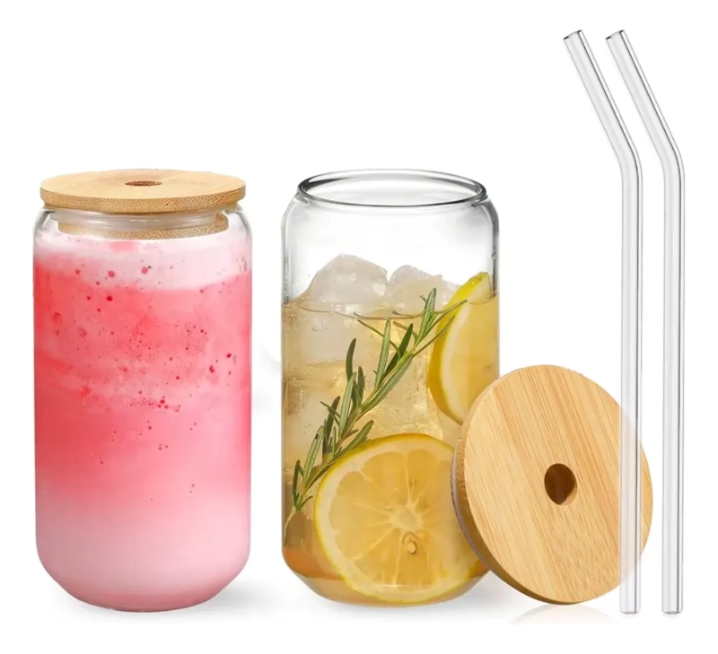 SET 2 VASOS DE VIDRIO TRANSPARENTE FORMA LATA BOMBILLA 540ML - 1