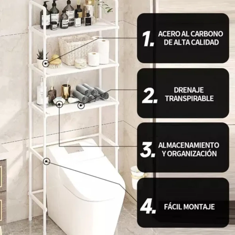 RACK ORGANIZADOR SOBRE WC INODORO BAÑO MULTIFUNCIONAL BLANCO 30KG - 4