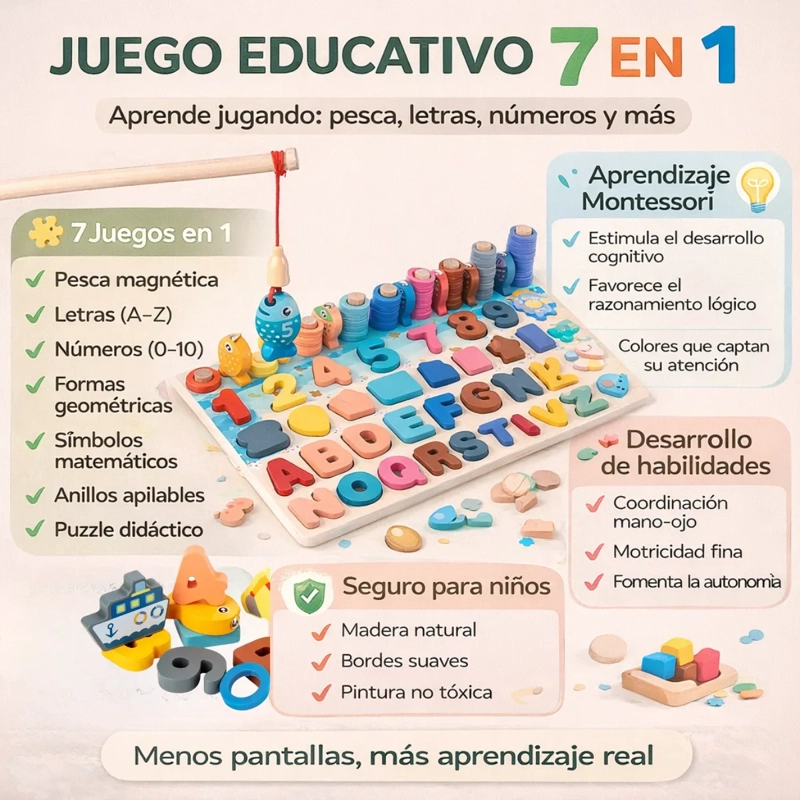 TABLERO DIDACTICO DE MADERA 7 EN 1 PESCA MILAGROSA Y NUMEROS - 5