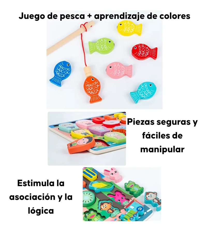 JUEGO DE PESCA TABLERO DIDACTICO MADERA ANIMALES FRUTAS +36M - 9