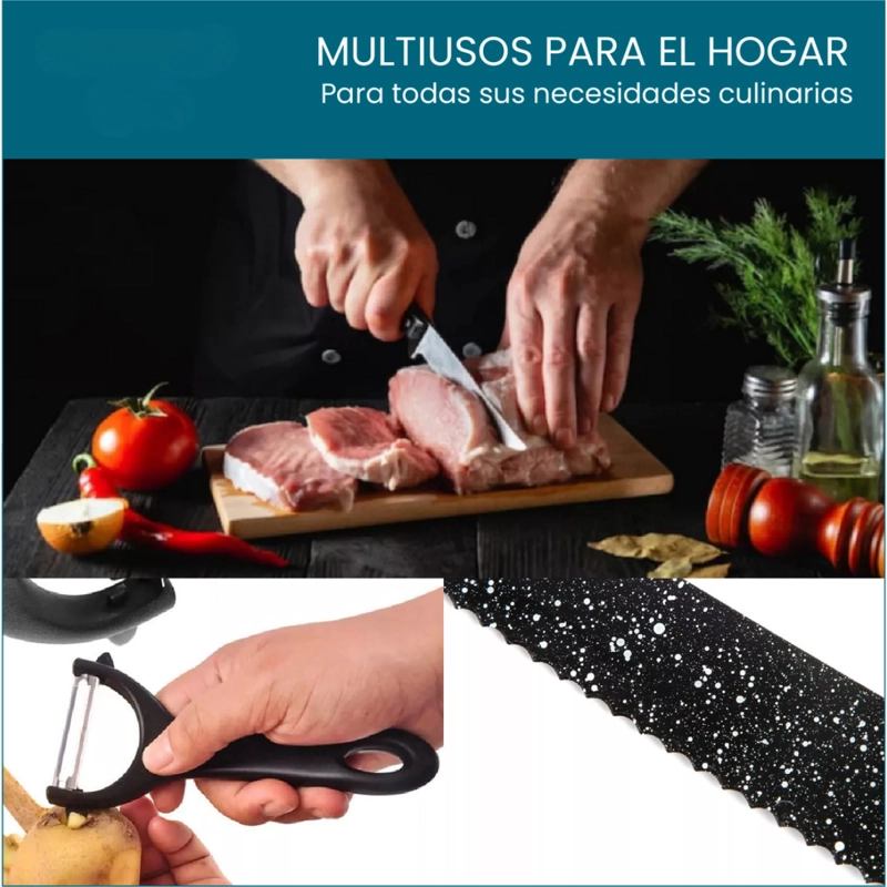 JUEGO 4 CUCHILLOS ONDULADOS TIJERA PELADOR COCINA 6 PIEZAS - 5