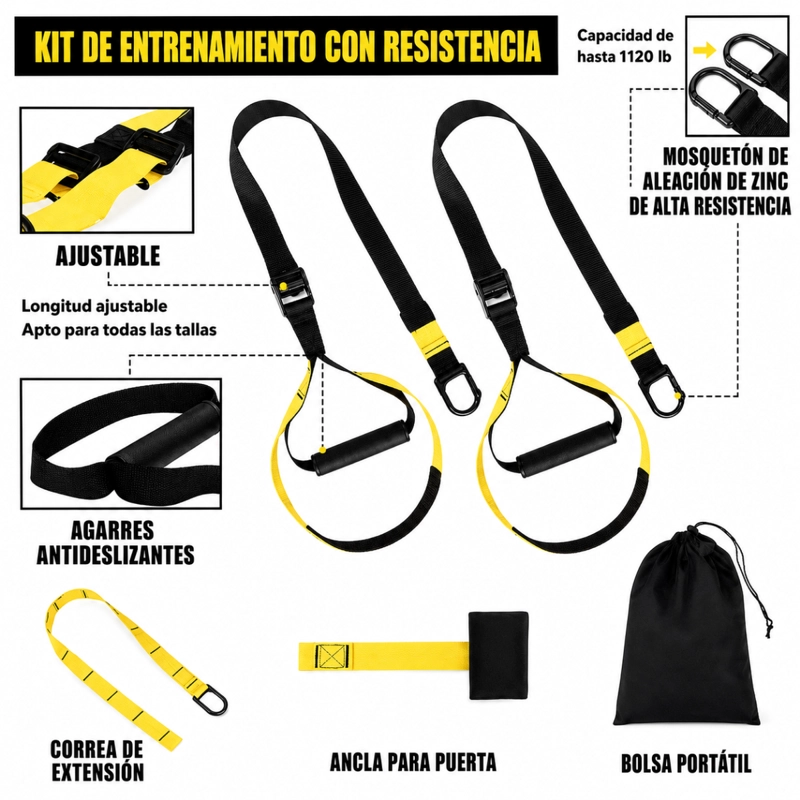 KIT ENTRENAMIENTO SUSPENSION CUERDA TRX GIMNASIO CASA - 3